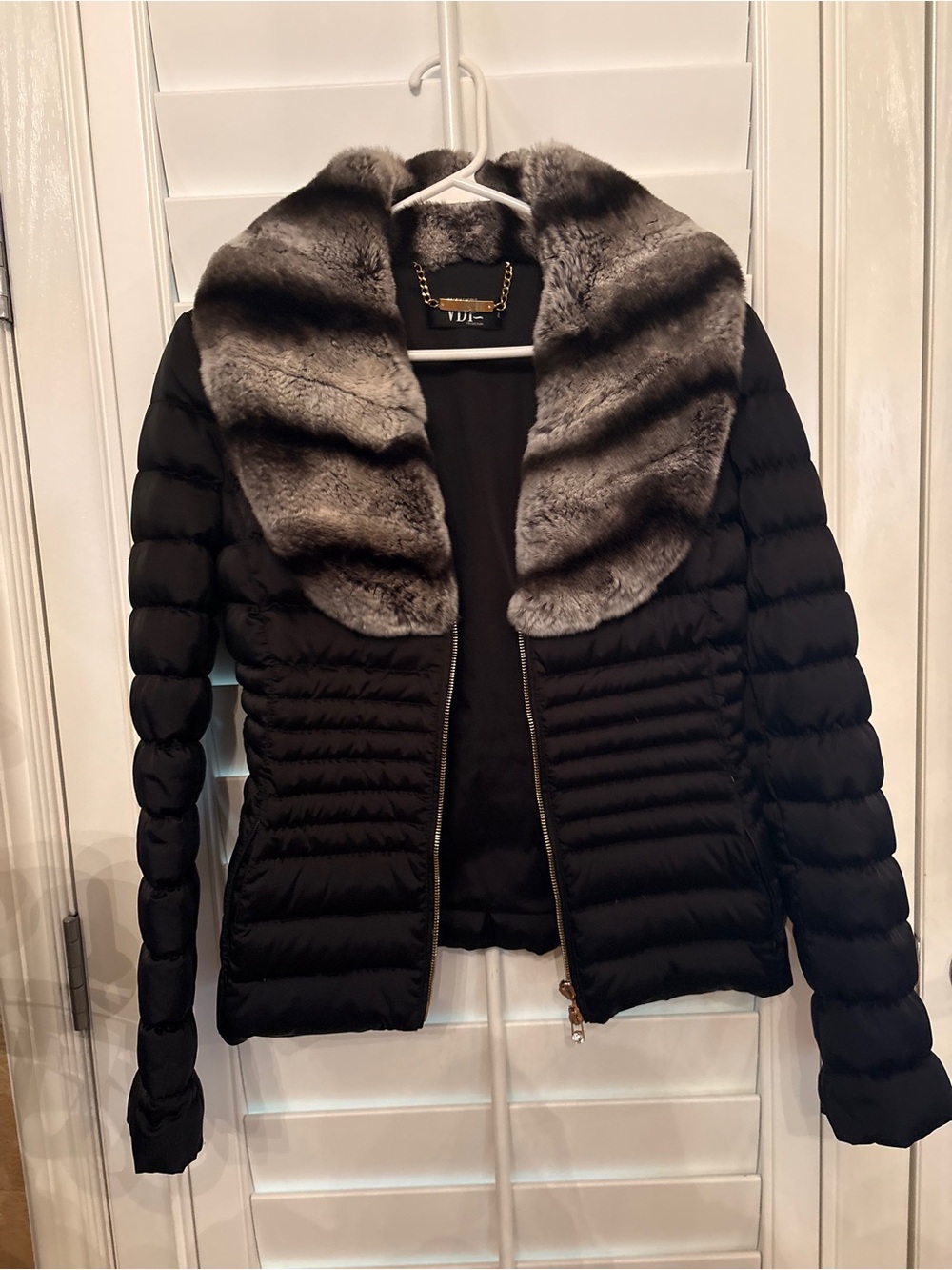 Black Quilted Puffer Jacket with Gray Faux Fur Shawl Collar